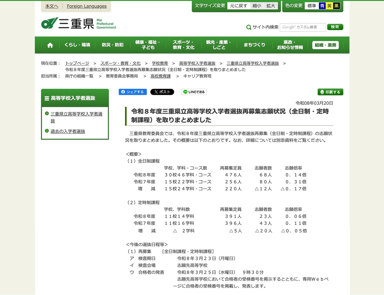 2026年度 三重县立高中招生补录志愿情况