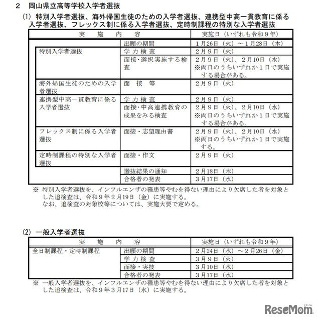 2027（令和9）年度 冈山县立高中入学者选拔