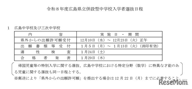 令和8年度广岛县立附设型中学（广岛中学·三次中学）入学者选拔志愿情况日程