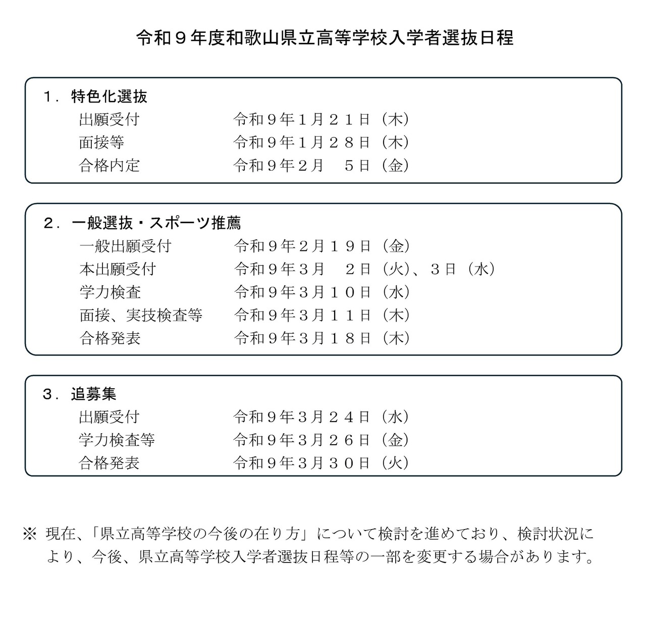 令和9年度和歌山県立高等学校入学者選抜日程
