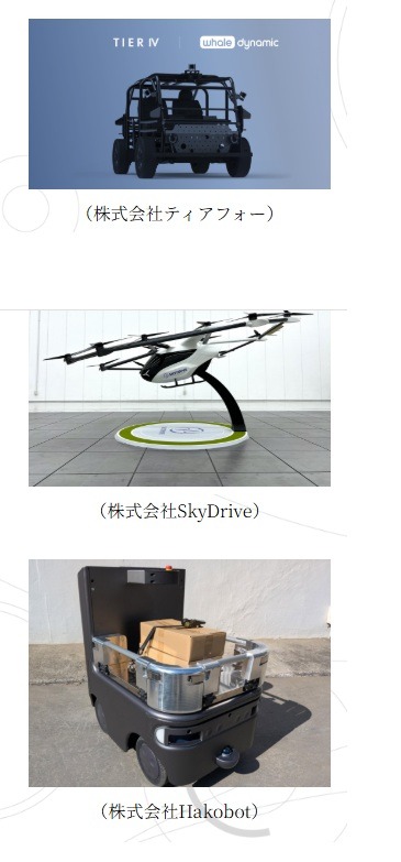 （从上至下）DTV（可驾驶测试车）套件、飞行汽车、自动配送机器人“Hakobot”