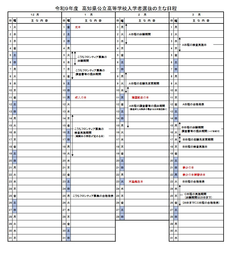2027年度高知县公立高中招生选拔主要日程