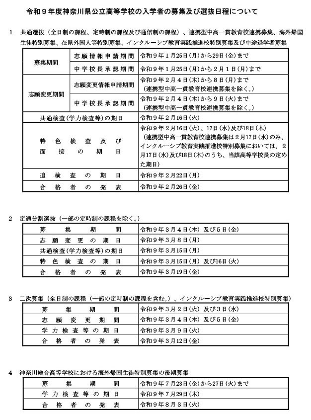 关于2027年度神奈川县公立高中招生及选拔日程