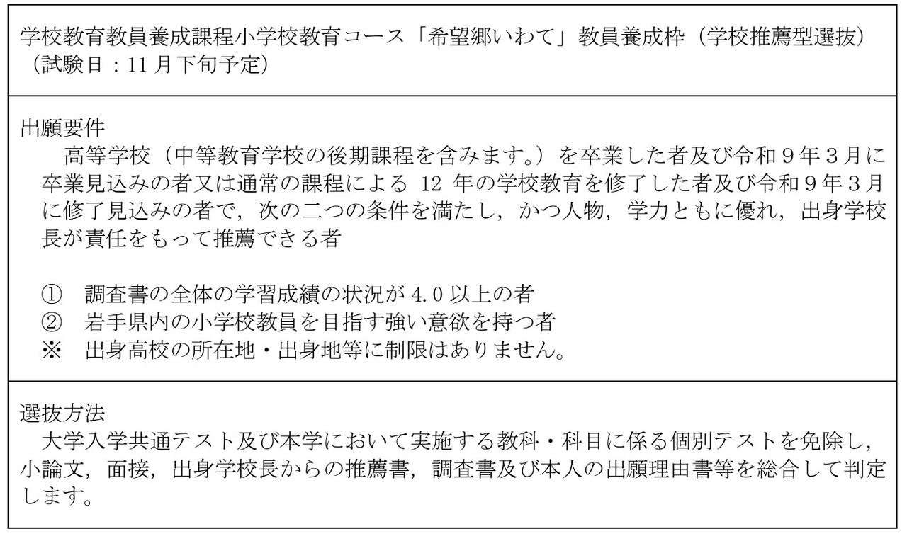 学校教育教师培养课程小学教育方向“希望乡岩手”教师培养名额（学校推荐型选拔）
