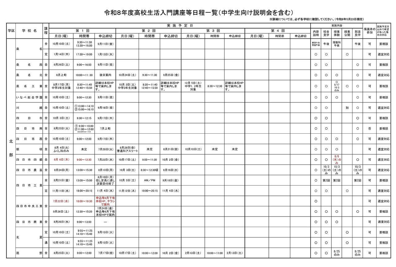 2026年度高中生活入门讲座等日程一览（含面向初中生的说明会）