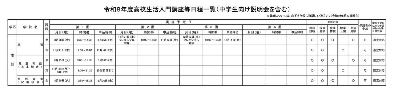 2026年度高中生活入门讲座等日程一览（含面向初中生的说明会）