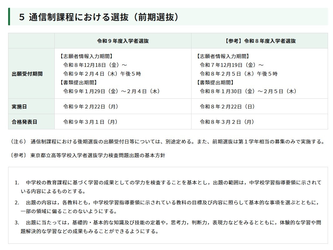 2027年度东京都立高中招生选拔“通信制课程选拔（前期选拔）”