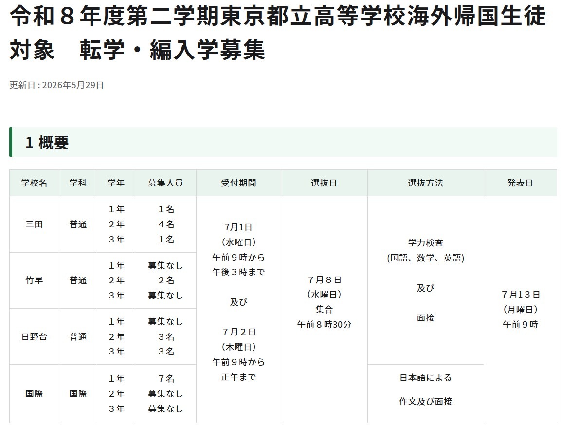 2026学年第二学期 东京都立高中面向海外归国学生的转学及插班招生