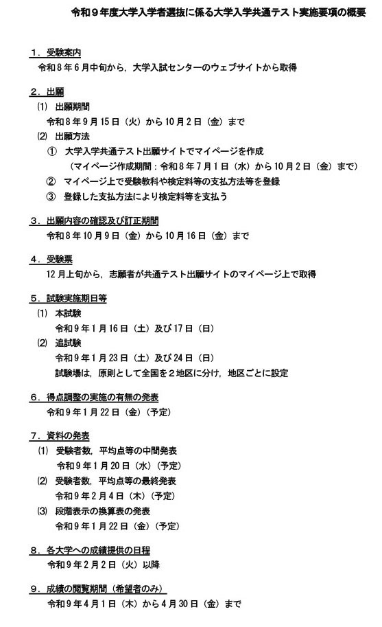 2027年度大学招生选拔相关大学入学共通测试实施细则概要