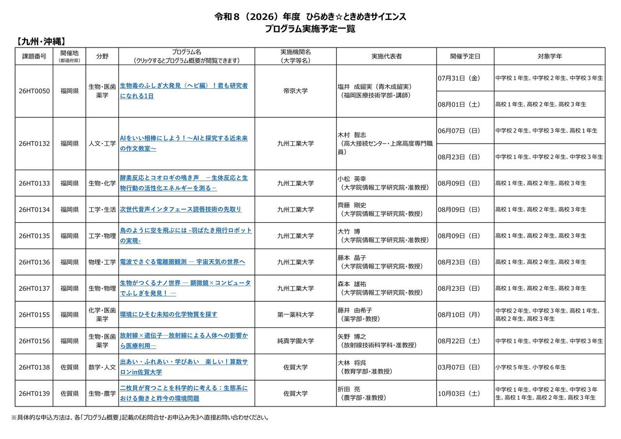 2026年度“灵感☆心动科学”项目实施计划一览：九州·冲绳