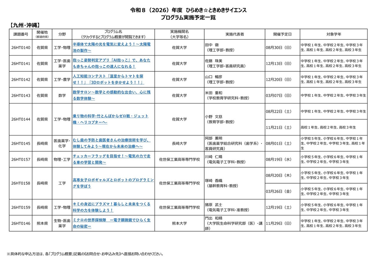 2026年度“灵感☆悸动科学”项目实施计划一览：九州·冲绳