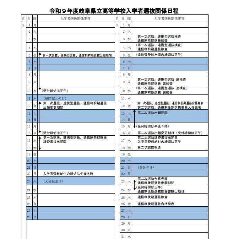 2027年度岐阜县立高中招生选拔相关日程