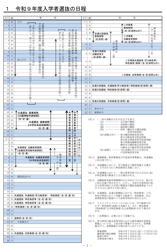 2027年度（令和9年度）神奈川县公立高中招生选拔日程