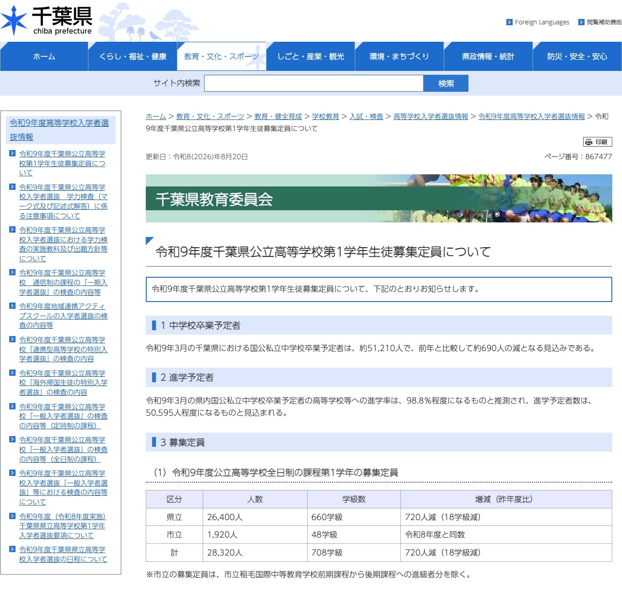 关于令和9年度千叶县公立高中一年级招生名额