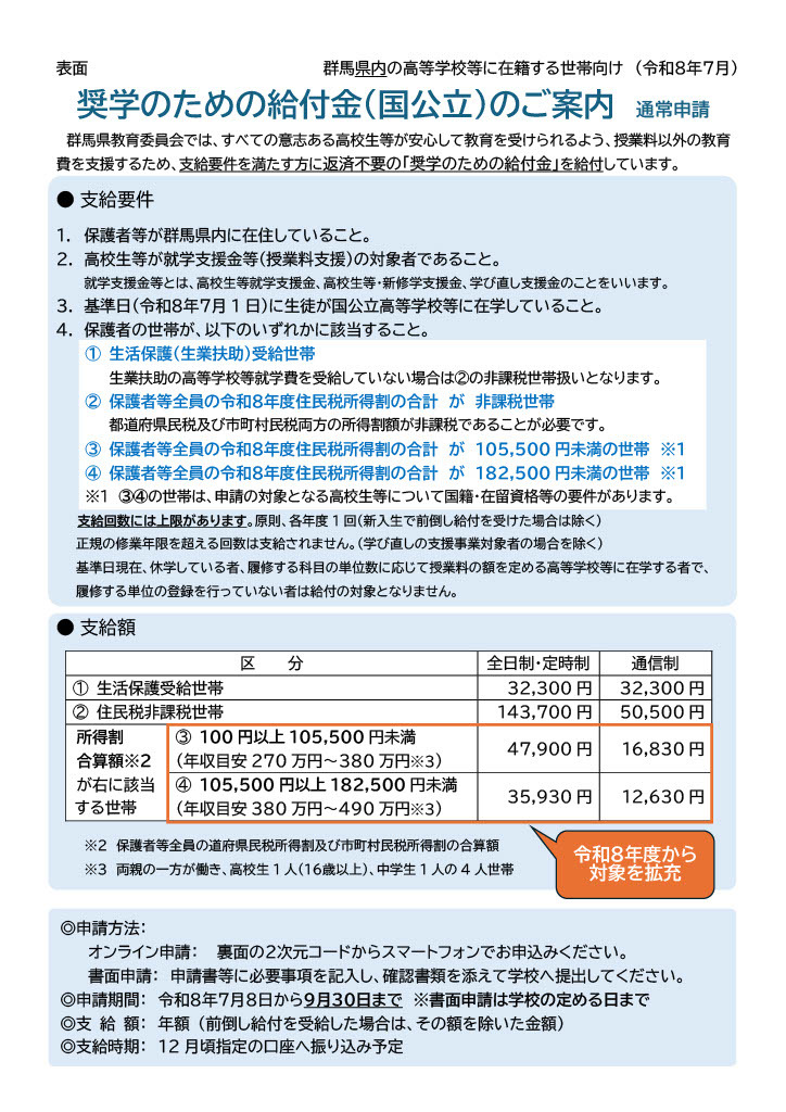 面向群马县内高中等学校在校学生所在家庭（常规申请）