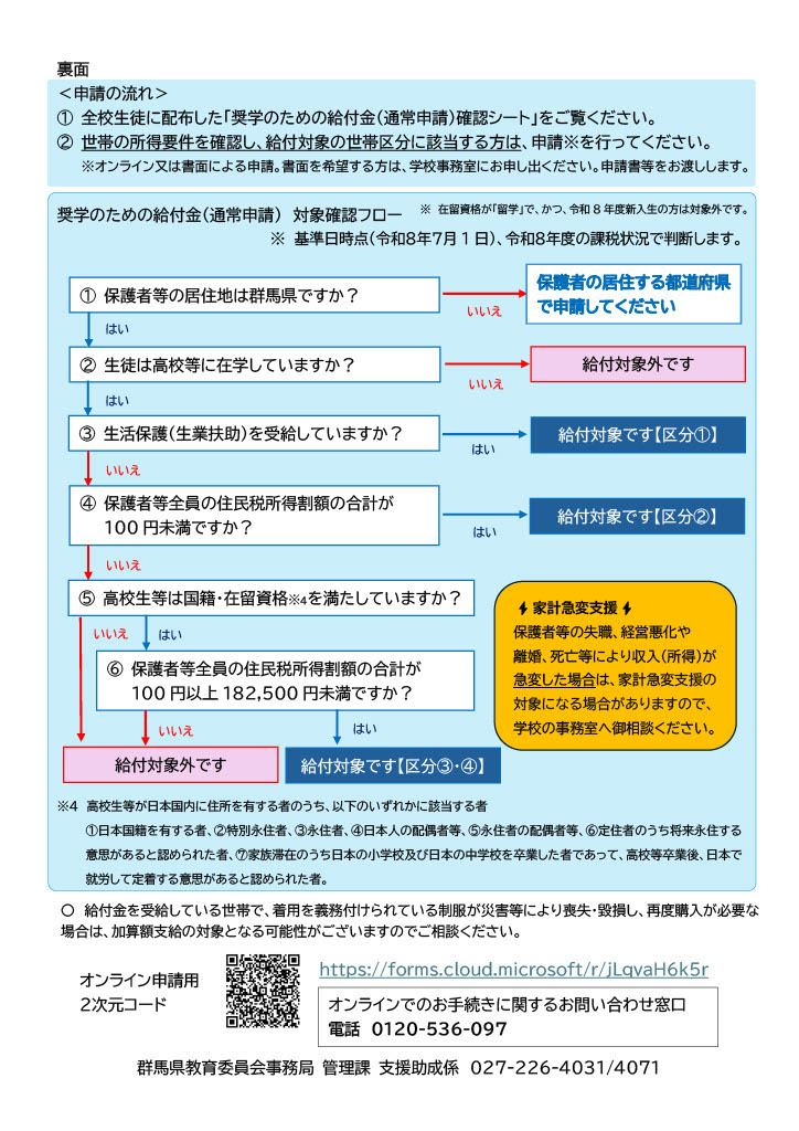 面向群马县内高中等学校在读高中生等家庭（常规申请）