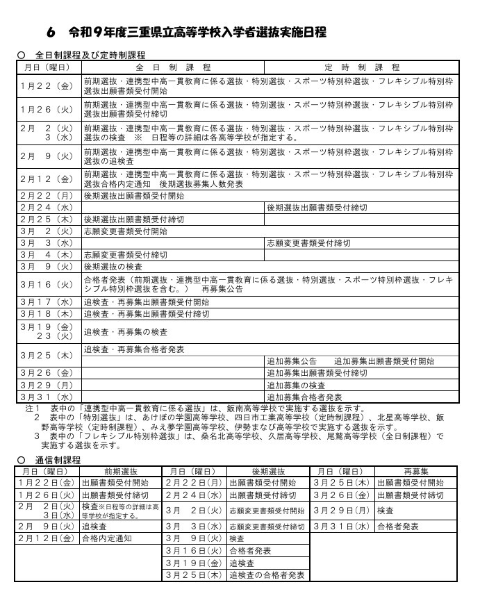 令和9年度三重県立高等学校入学者選抜実施日程