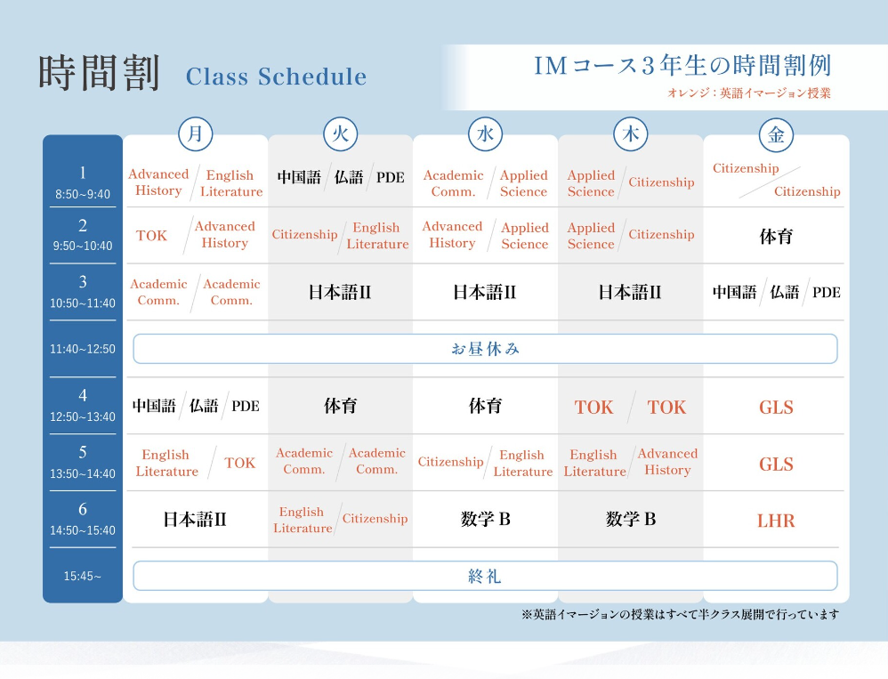 IM课程三年级的课表。留学归来后，学生仍可在小班制下继续用英语上课，因此能够保持与留学期间相同的学习环境。