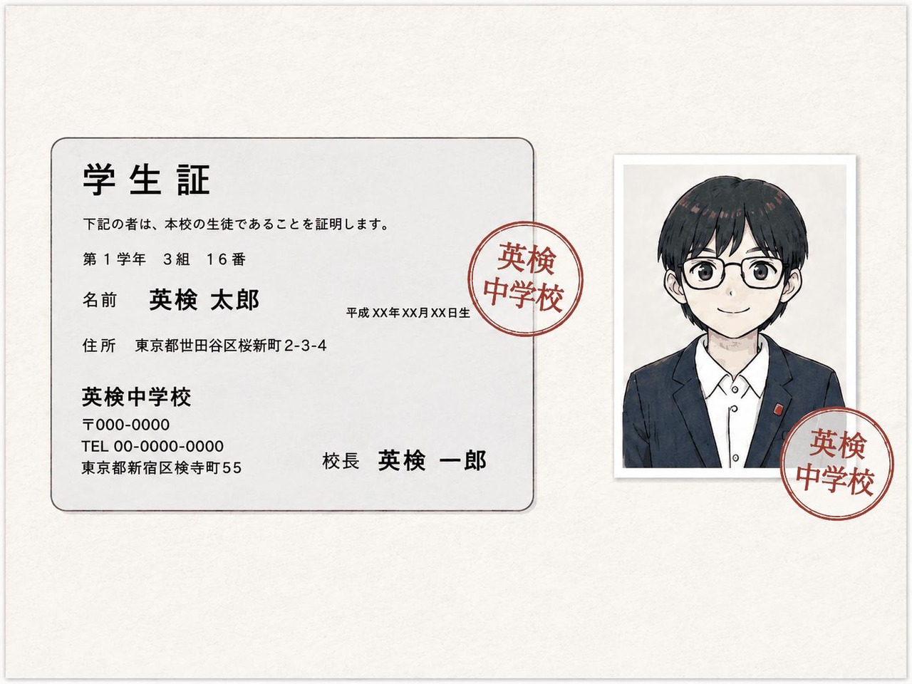 有效案例……无留白的情况：学生证和照片用胶水等粘贴在底纸上，且在接缝处加盖了印章的情况