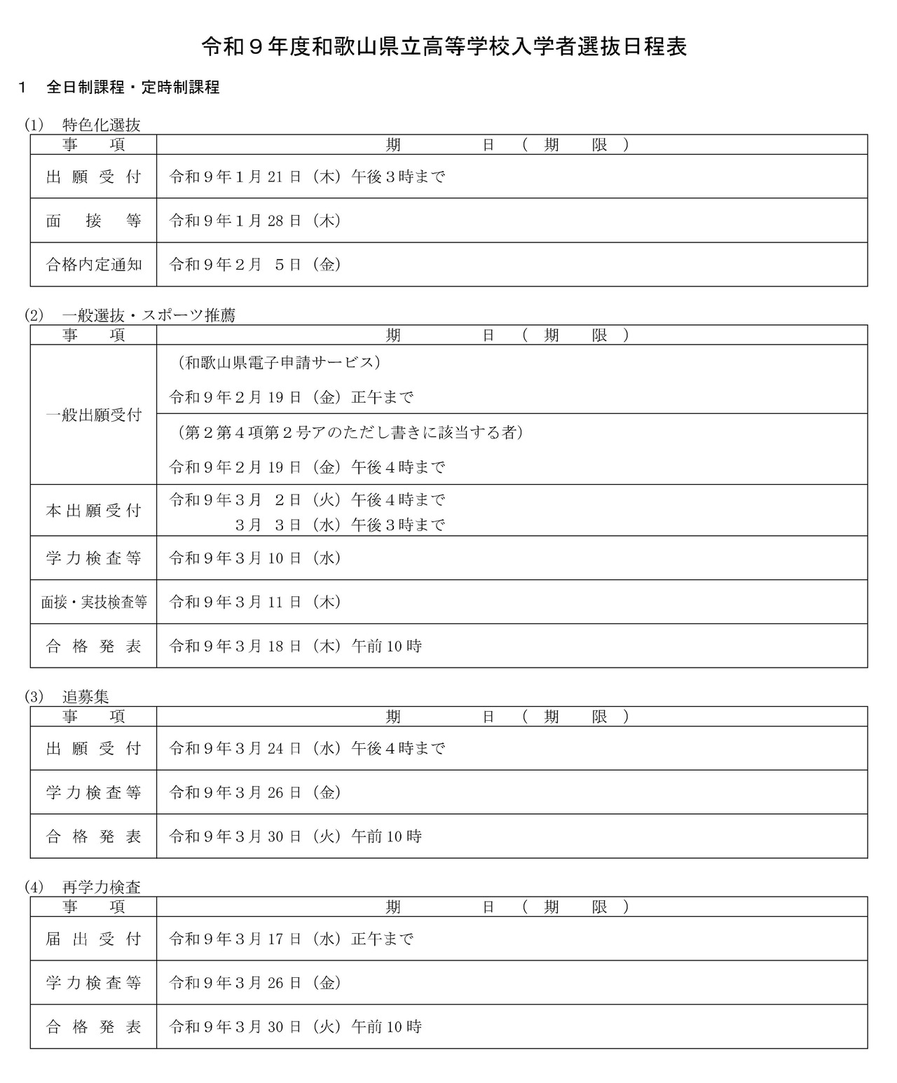 令和9年度和歌山県立高等学校入学者選抜日程表