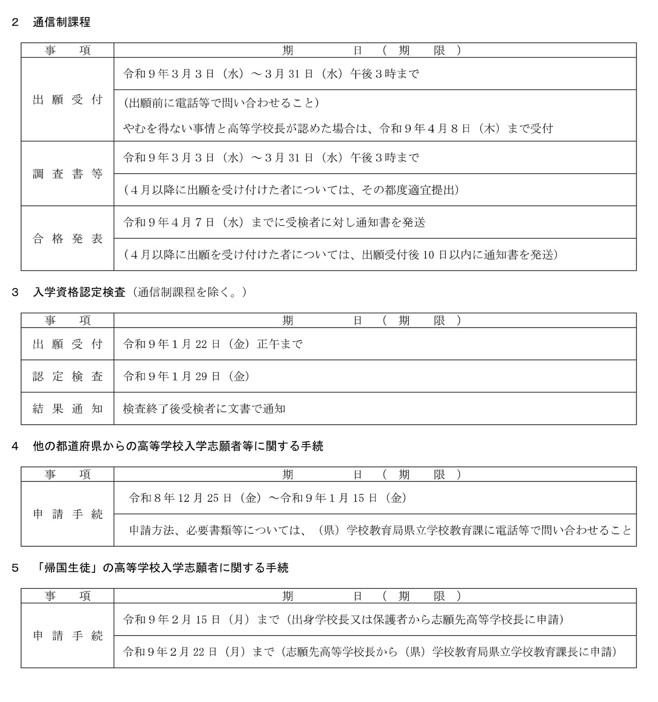 令和9年度和歌山県立高等学校入学者選抜日程表