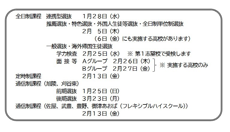 令和8年度爱知县公立高中入学选拔主要日程
