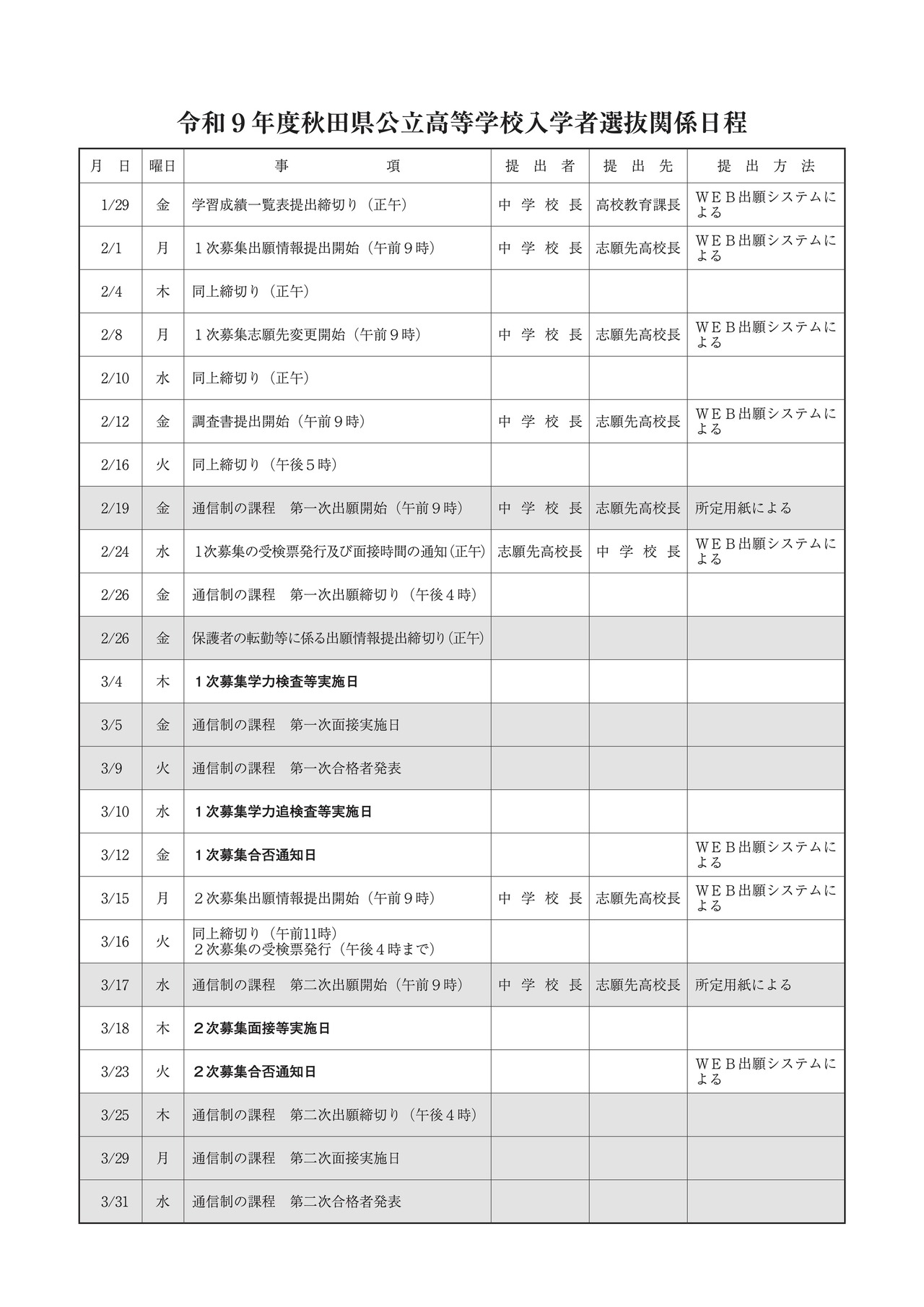 令和9年度秋田县公立高中招生选拔相关日程