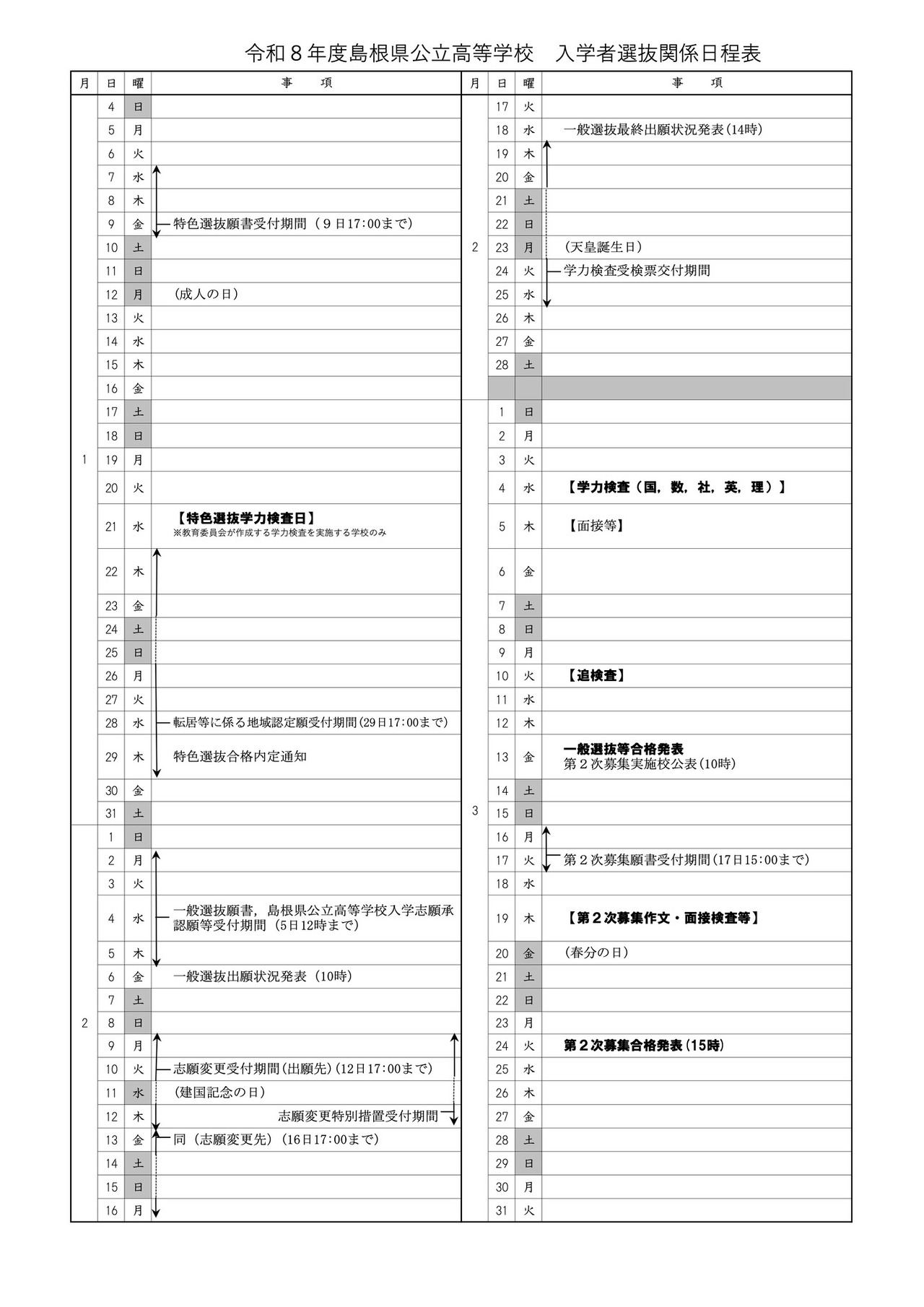 令和8年度 島根県公立高等学校 入学者選抜関係日程表