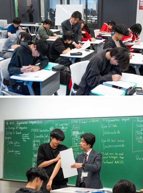 数学课也全程使用英语授课。黑板上写满了复杂的数学公式。