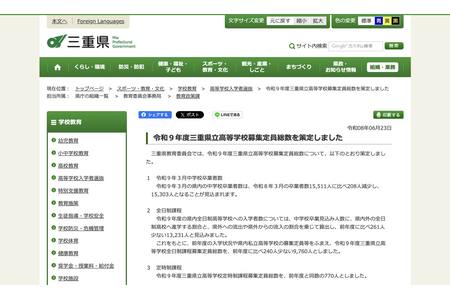 【2027年高中入学考试】三重县立高中全日制招生名额减少240人，降至9,760人 画像