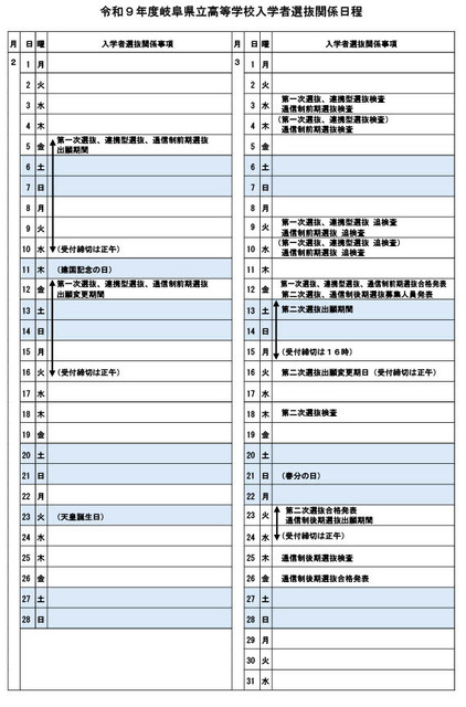 令和9年度岐阜県立高等学校入学者選抜日程