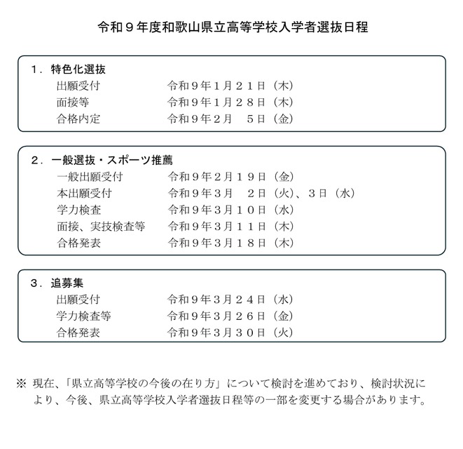 令和9年度和歌山県立高等学校入学者選抜日程