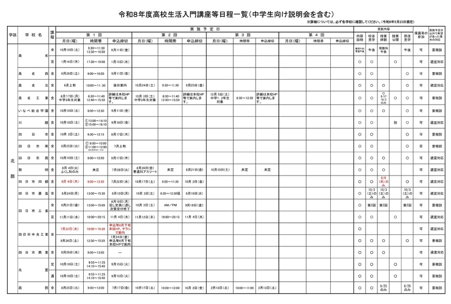 2026年度高中生活入门讲座等日程一览（含面向初中生的说明会）
