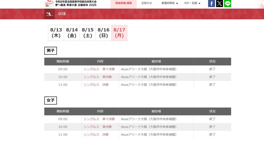 2026年度全国高等学校総合体育大会（近畿総体）「卓球」
