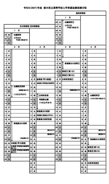 令和9（2027）年度 栃木县立高中招生选拔相关日程