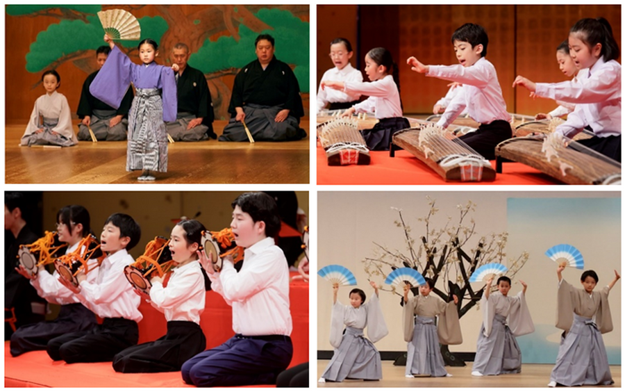 2024年度发表会（上排左起）唱诵·舞（摄影：菅原康太）、筝曲（下排左起）小鼓、日本舞蹈（摄影：武藤奈绪美）